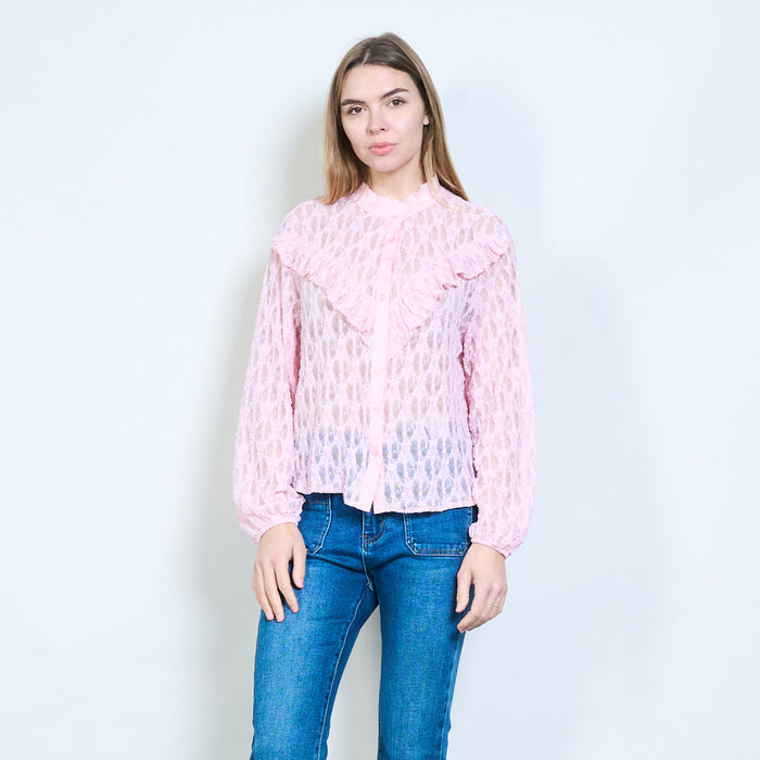 Textured floral lace ruffle trim long sleeve blouse wholesale
