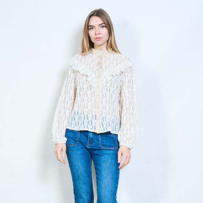 Textured floral lace ruffle trim long sleeve blouse wholesale
