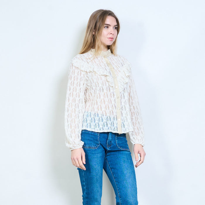 Textured floral lace ruffle trim long sleeve blouse wholesale