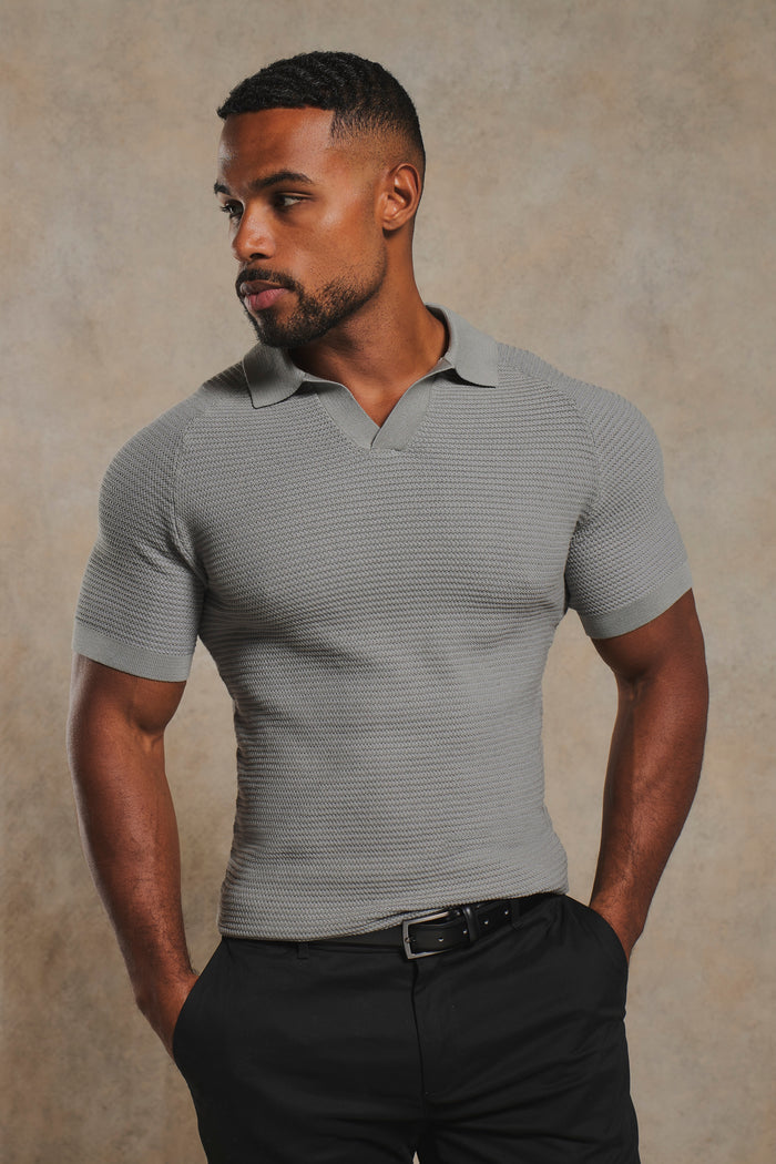 Textured Knitted Open Collar Polo Shirt in Grey