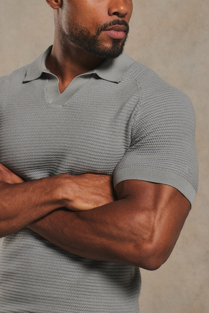 Textured Knitted Open Collar Polo Shirt in Grey