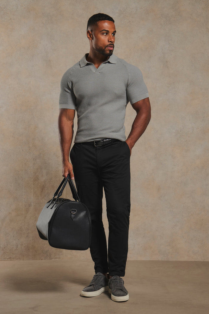 Textured Knitted Open Collar Polo Shirt in Grey