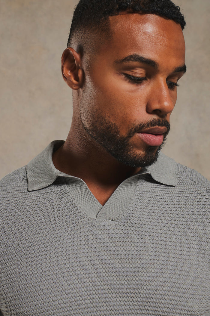 Textured Knitted Open Collar Polo Shirt in Grey