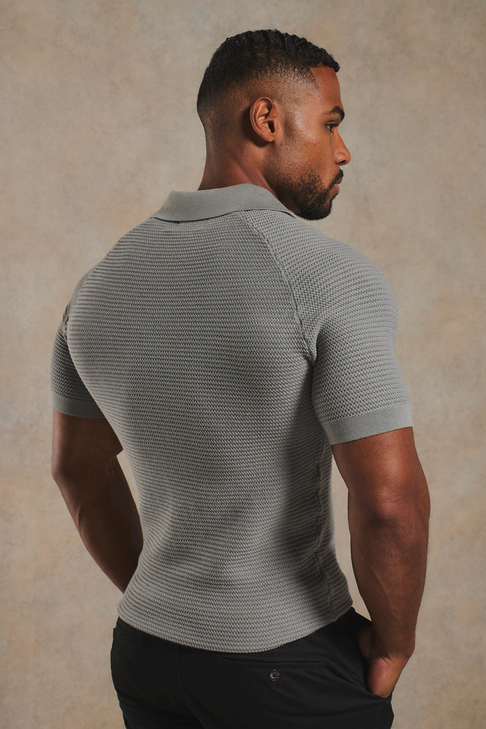 Textured Knitted Open Collar Polo Shirt in Grey