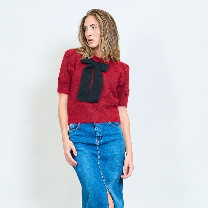 Textured short sleeve fuzzy sweater with oversized knitted bow detail wholesale
