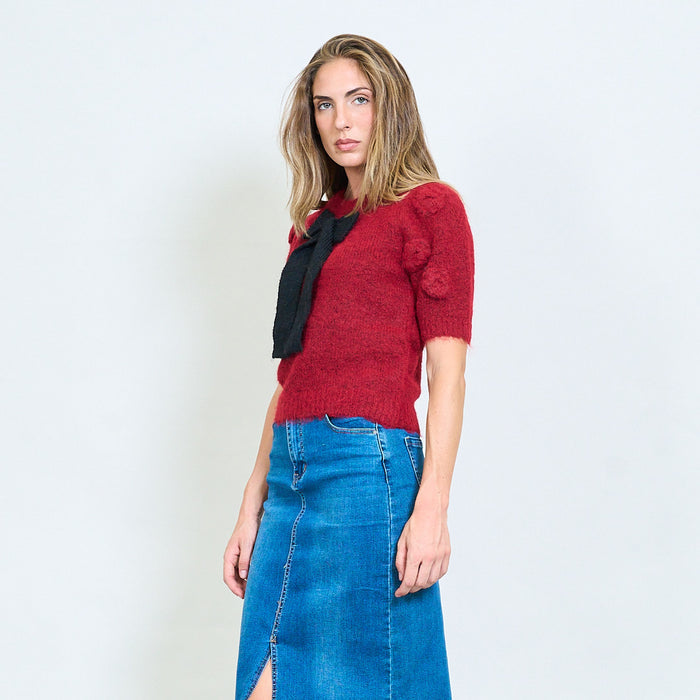 Textured short sleeve fuzzy sweater with oversized knitted bow detail wholesale
