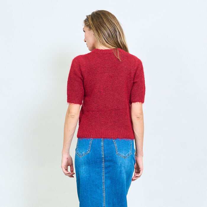 Textured short sleeve fuzzy sweater with oversized knitted bow detail wholesale