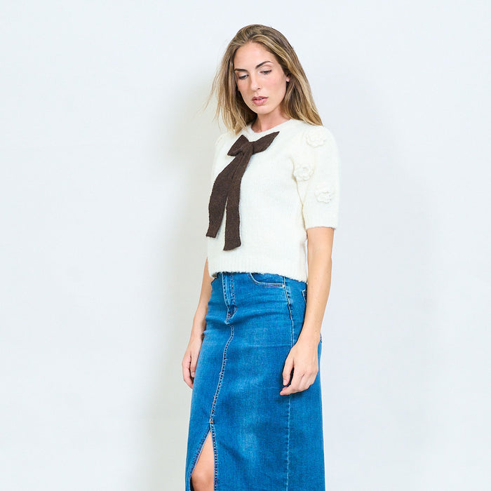 Textured short sleeve fuzzy sweater with oversized knitted bow detail wholesale