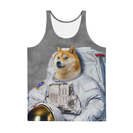 A realistic golden biscuit Shiba Inu with a stoic side-eye is superimposed onto the bulky torso of a retro space explorer (clad in a detailed dirty white and platinum suit). Contact us with accessibility feedback, we'd love to help!