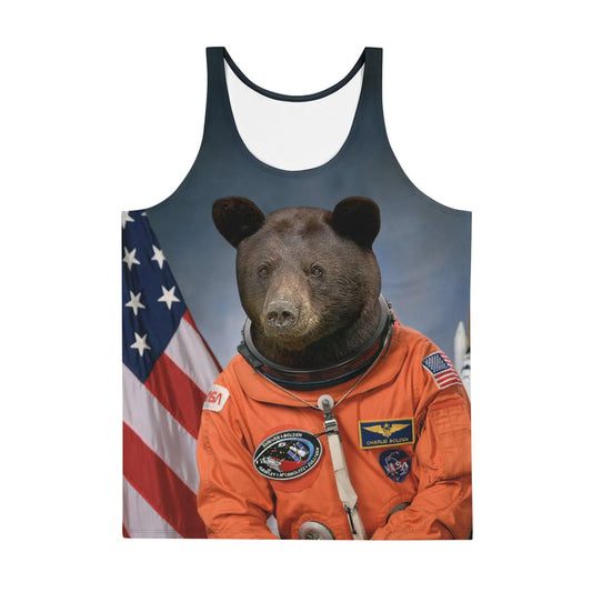 A photorealistic "Bearstronaut" dominates this surrealist design—a stoic brown bear's head emerging from a vivid orange astronaut suit, complete with mission patches and metallic hardware. Contact us with accessibility feedback, we'd love to help!
