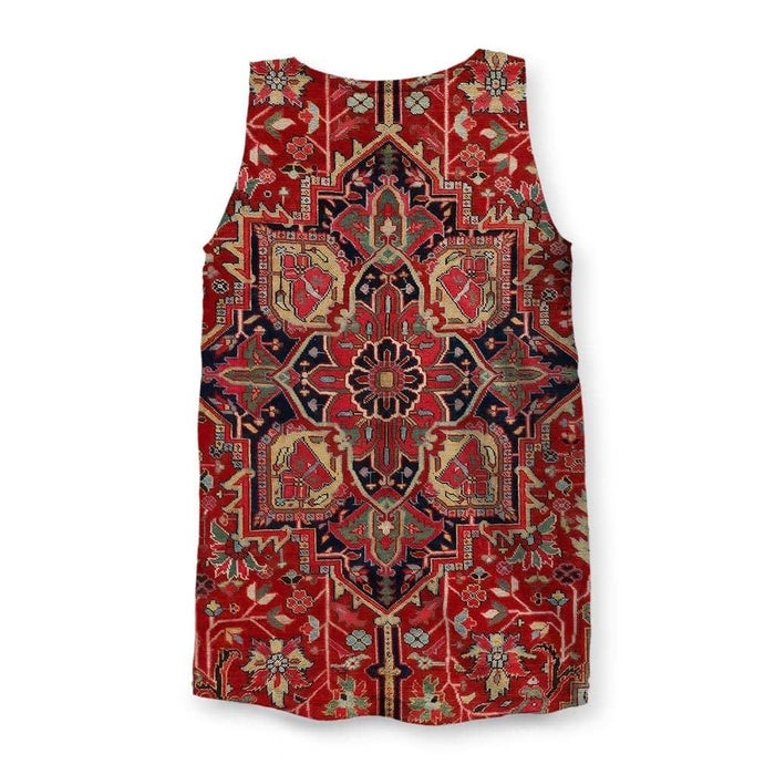 The Dudes Rug Men's Tank - The specific central multi-lobed medallion in obsidian navy (#1C2536) set against the rustic crimson field (#A62C2B), instantly recognized as the defiled home decor from Los Angeles bowling history.