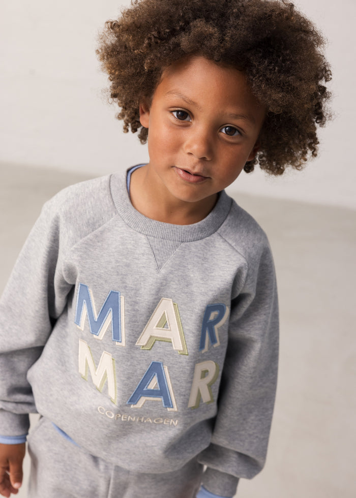Grå bluse med blå og guld logoprint foran