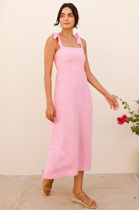 Tie Strap Linen Dress | Pink