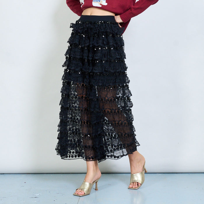 Tiered lace and sequin embellishment midi skirt wholesale