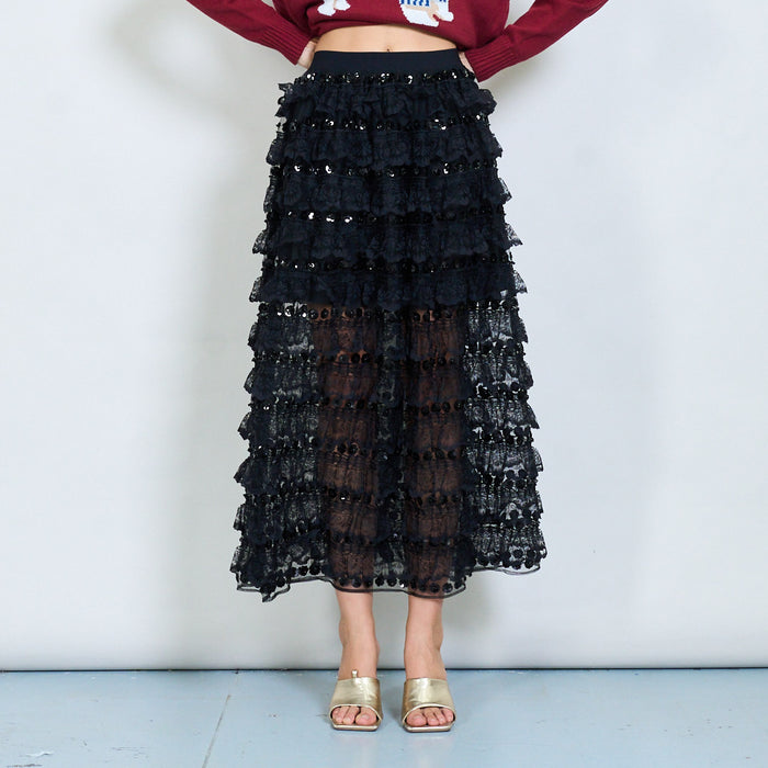 Tiered lace and sequin embellishment midi skirt wholesale