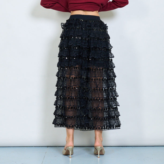 Tiered lace and sequin embellishment midi skirt wholesale