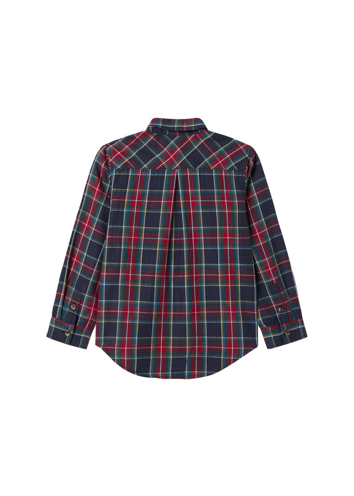 Dark blue, green and red checked Christmas shirt with long sleeves for children