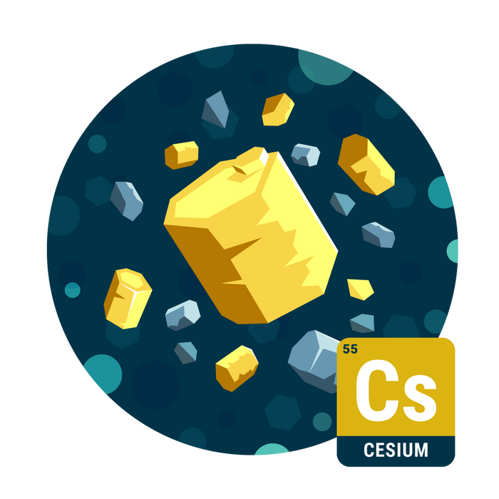 Illustration of a yellow cesium metal block with the element symbol Cs on a blue background