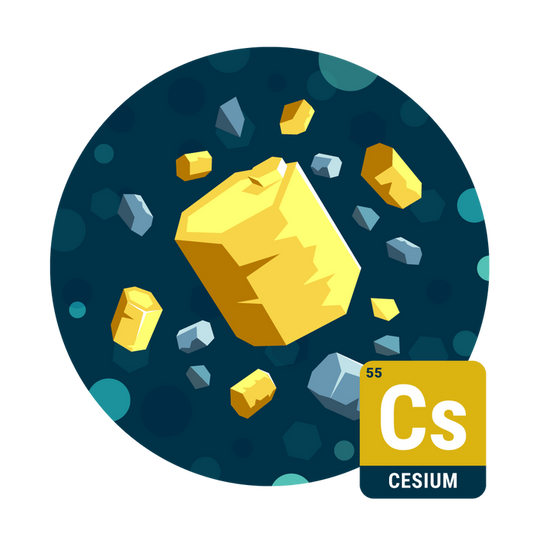 Illustration of a yellow cesium metal block with the element symbol Cs on a blue background