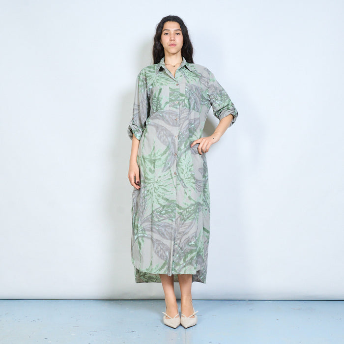 Tropical palm print button down shirt midi dress wholesale