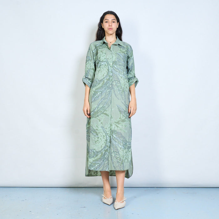 Tropical palm print button down shirt midi dress wholesale