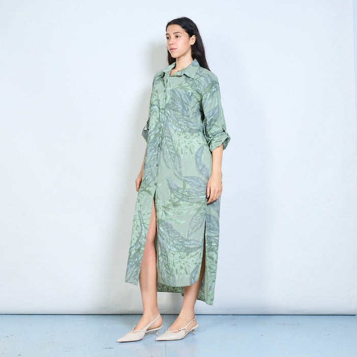 Tropical palm print button down shirt midi dress wholesale
