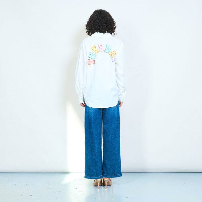 "Tuesday" letter applique oversized back graphic shirt wholesale