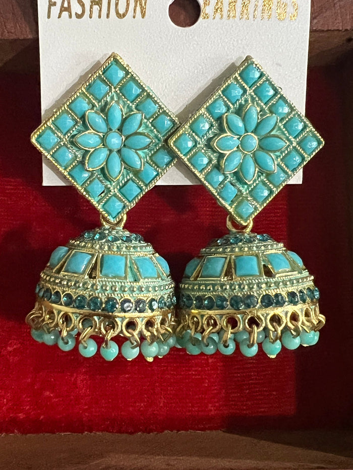 Turquoise blue jhumki earrings by Kurti Connection USA