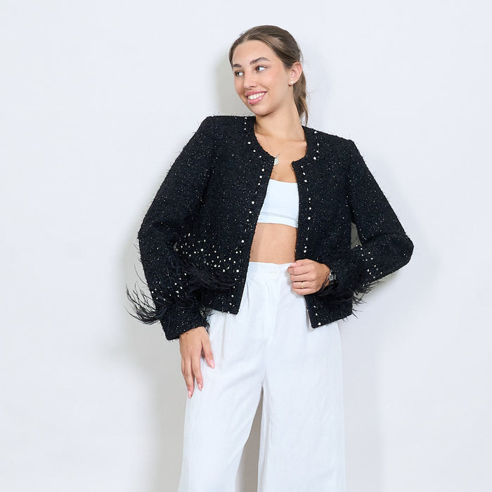 Tweed pearl-embellished cropped jacket with feather trim wholesale