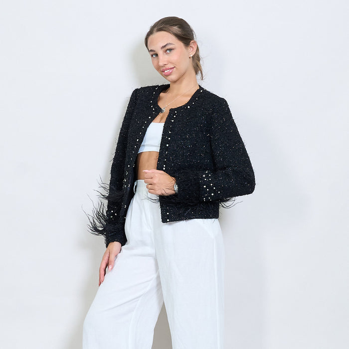 Tweed pearl-embellished cropped jacket with feather trim wholesale
