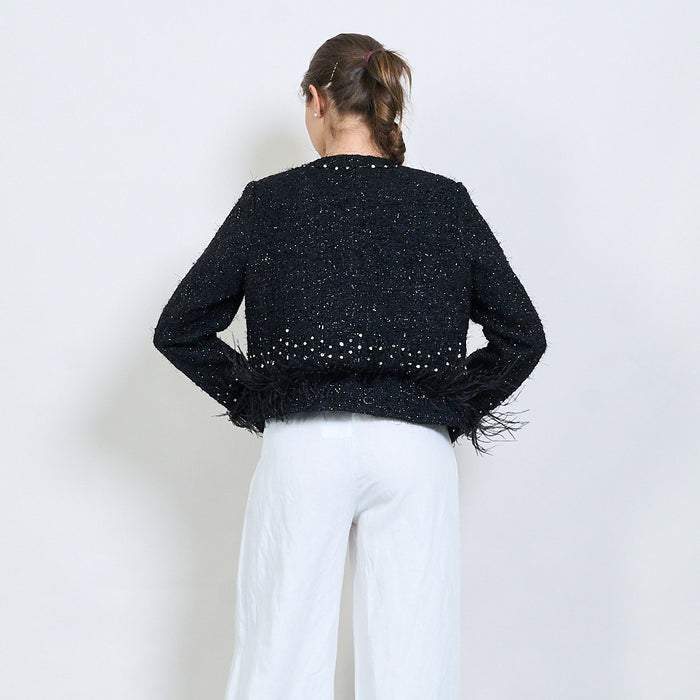 Tweed pearl-embellished cropped jacket with feather trim wholesale