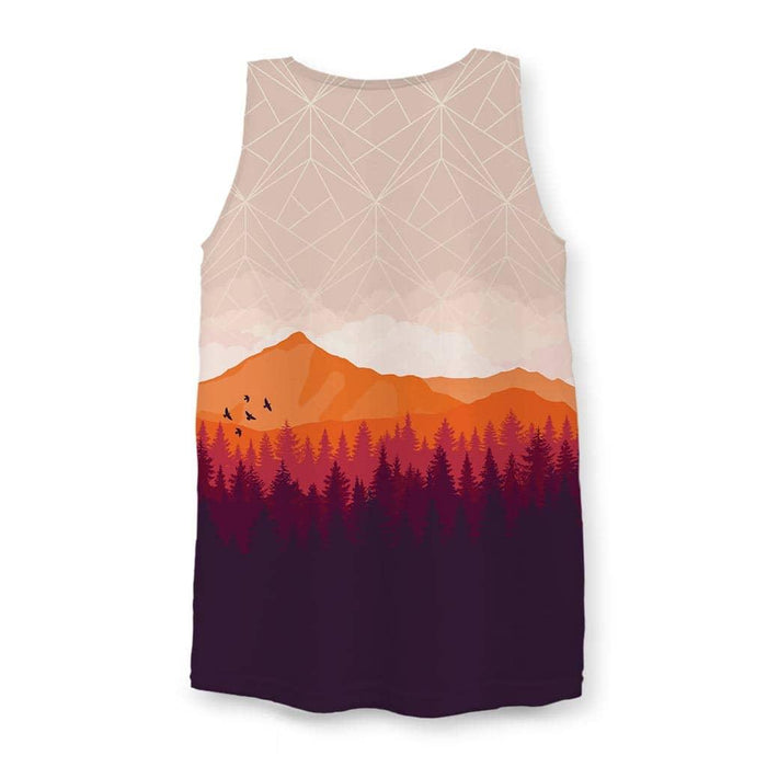 Unfinished Game Men's Tank - The jarring visual transition from fully rendered persimmon ridges (#E37E46) into an unfinished white polygonal mesh sky on pale misty peach (#EAC5B5).
