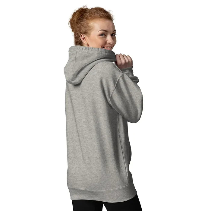 Person wearing a gray hoodie on a white background