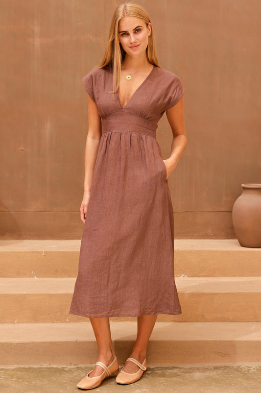 V-Neck Linen Dress | Chocolate - Aspiga