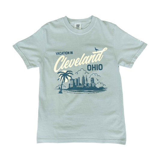 Light blue t-shirt with 'Vacation in Cleveland, Ohio' graphic on a white background