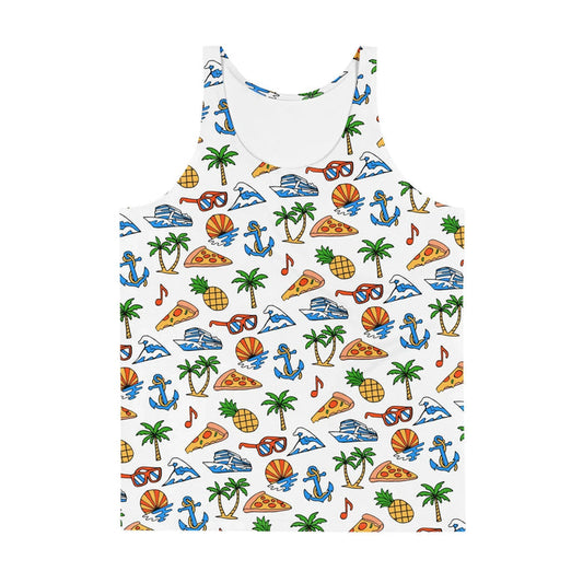 A stark white background hosts a chaotic, cartoonish scatter pattern defined by bold outlines and saturated colors that scream tropical escape. Contact us with accessibility feedback, we'd love to help!