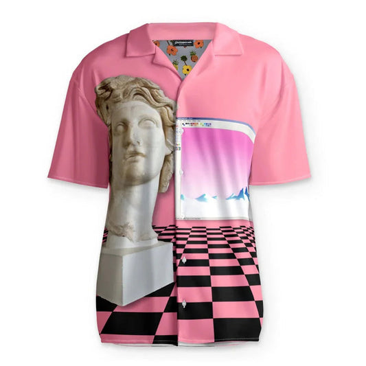 Capturing a quintessential vaporwave aesthetic, this design highlights a surreal collage against a vibrant flamingo pink background. Contact us with accessibility feedback, we'd love to help!