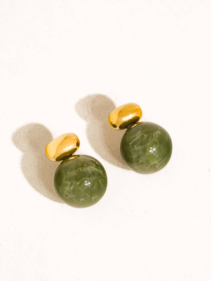 Velisse 18K Gold Non-Tarnish Green Marble Ball Earrings