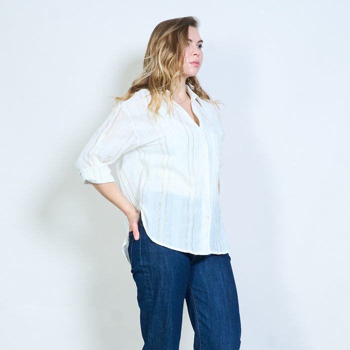Vertical metallic line open collar pocket shirt wholesale