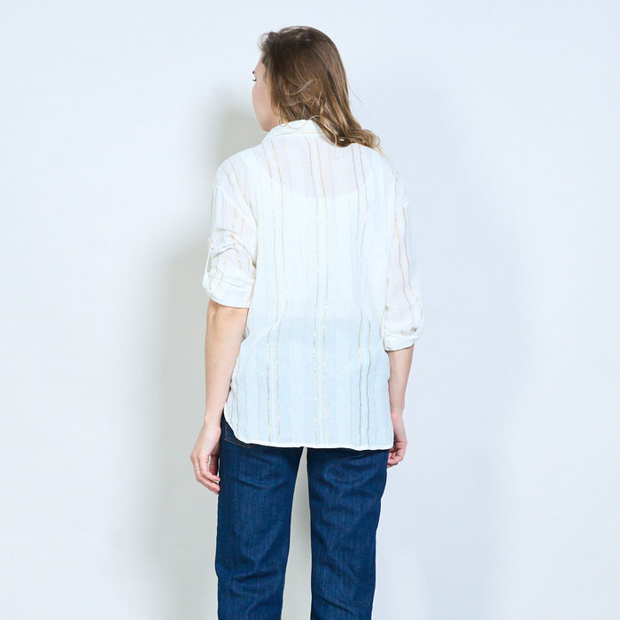 Vertical metallic line open collar pocket shirt wholesale