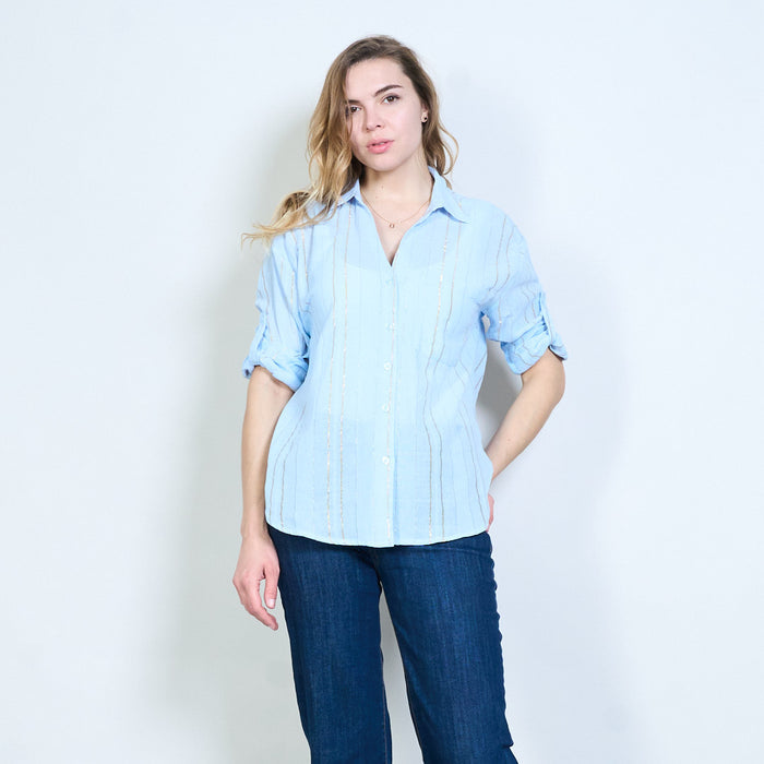 Vertical metallic line open collar pocket shirt wholesale