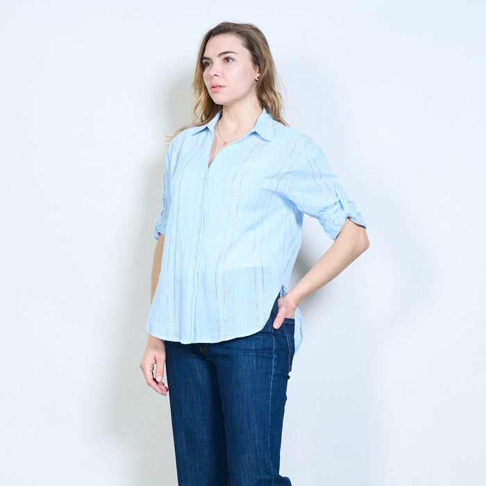 Vertical metallic line open collar pocket shirt wholesale