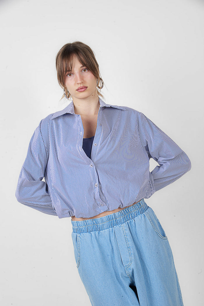 Vertical stripe cropped button front shirt wholesale