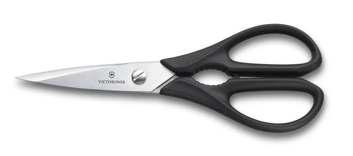 Victorinox scissors with black handles on a white background