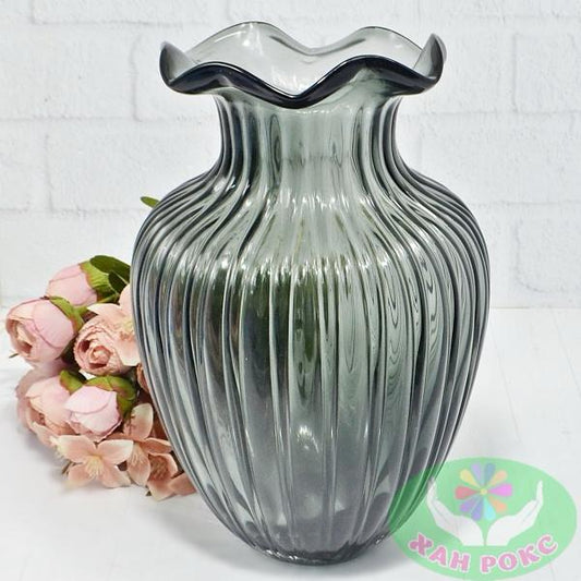 Vintage Ribbed Glass Vase – Elegant Wavy Rim Design | Home Decor | Pots & Vases