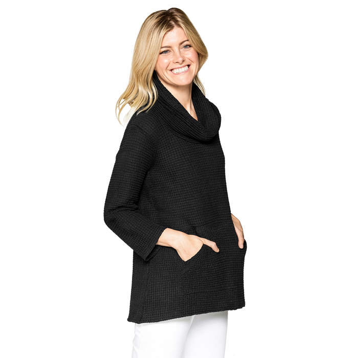 Waffle Cowl-Neck Tunic in Black - FW111-BLK