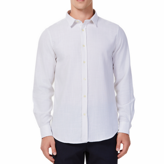 Men's white textured linen long sleeve button up shirt with a pointed collar on a model. Image is cropped to the torso and model is angled to the models right