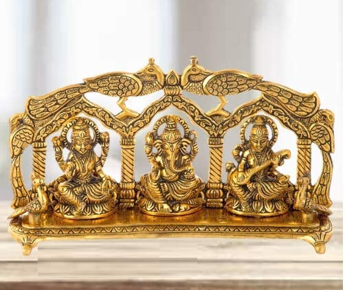 White Whale Metal Laxmi Saraswati Idol Decorative Murti Peacock Frame Metal Statue For Pooja & Your Home, Office, Decorative Showpiece Figurines, Corporate Gift, Golden