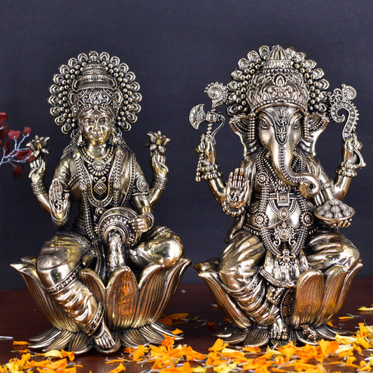 White Whale Superfinr Brass Laxmi Ganesh Set Idol Showpiece - Brass Gold Finish Lakshmi Ganesha Idols Statue for Diwali Gifts Puja Home Decor Figurine