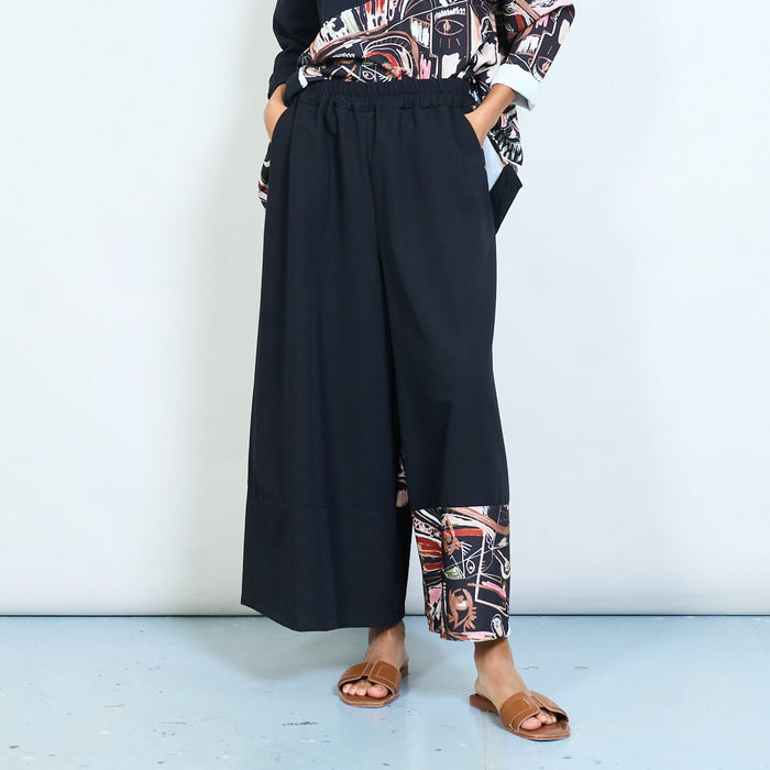 Wide leg asymmetric abstract art panel trousers wholesale